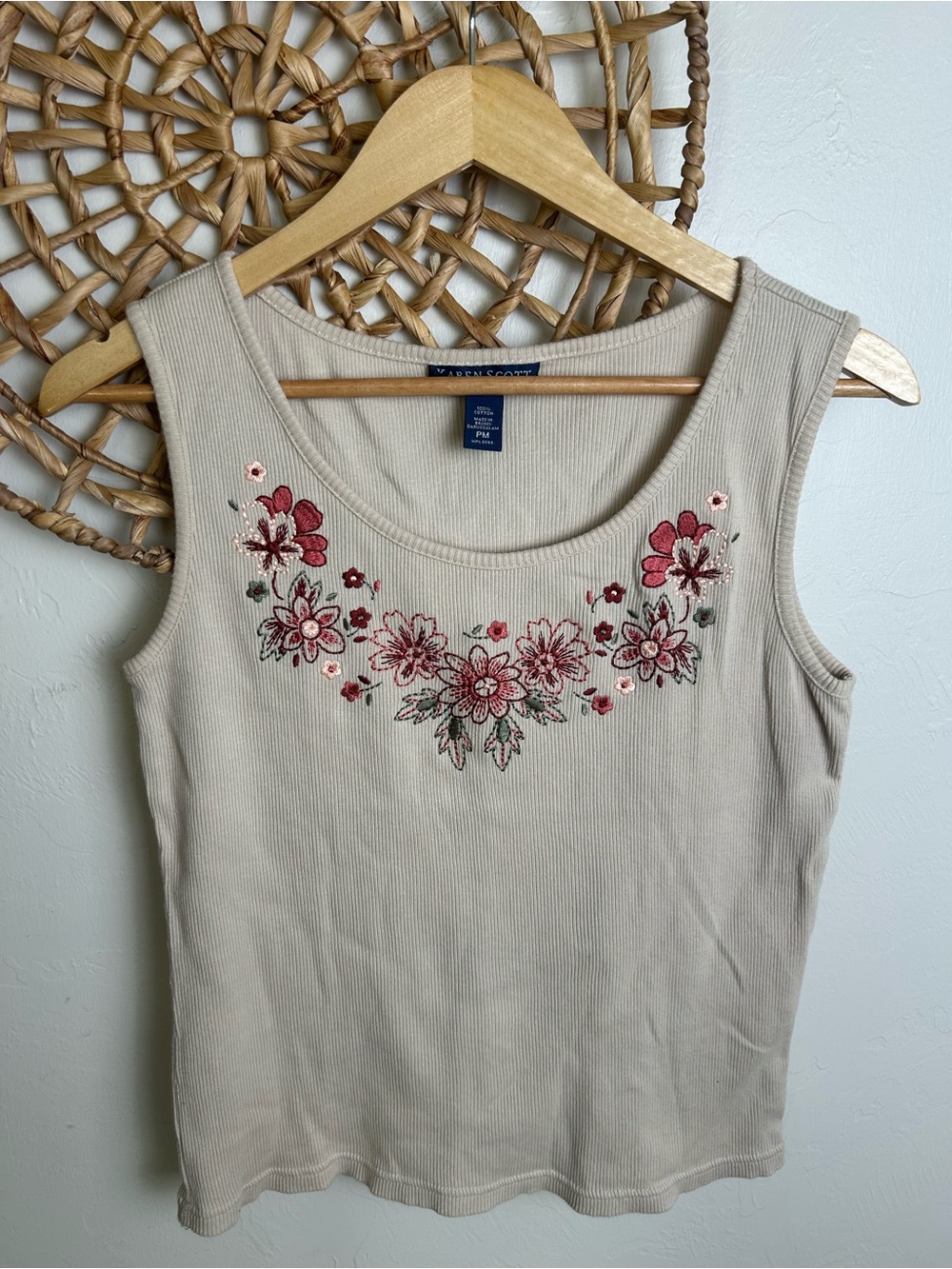 Karen Scott Cream Ribbed Tank with Pink Floral Embroidery